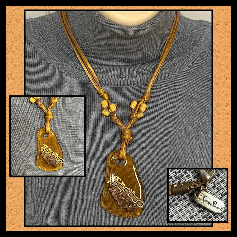 Hilary London Amber Fused Glass Pendant Beaded Corded Signed Art To Wear N126